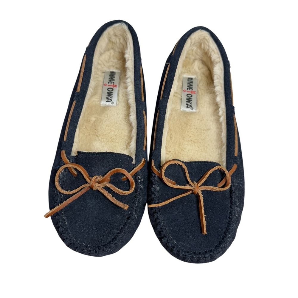 Minnetonka Cally Slippers Women's Size 11 Dark Navy Suede Pile Lined Moccasins